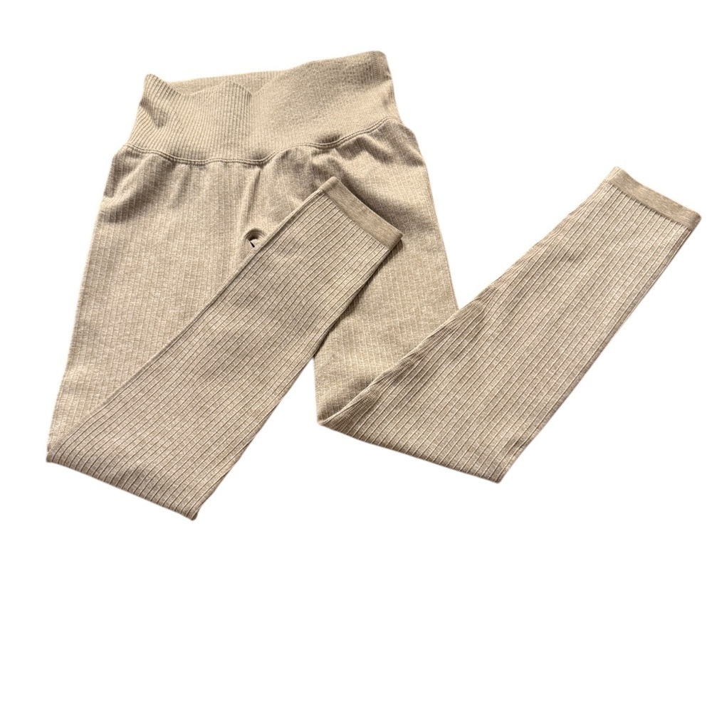 Ribbed Seamless High Rise Long Tights Activewear Tan Color Yoga,Running,Gym Time